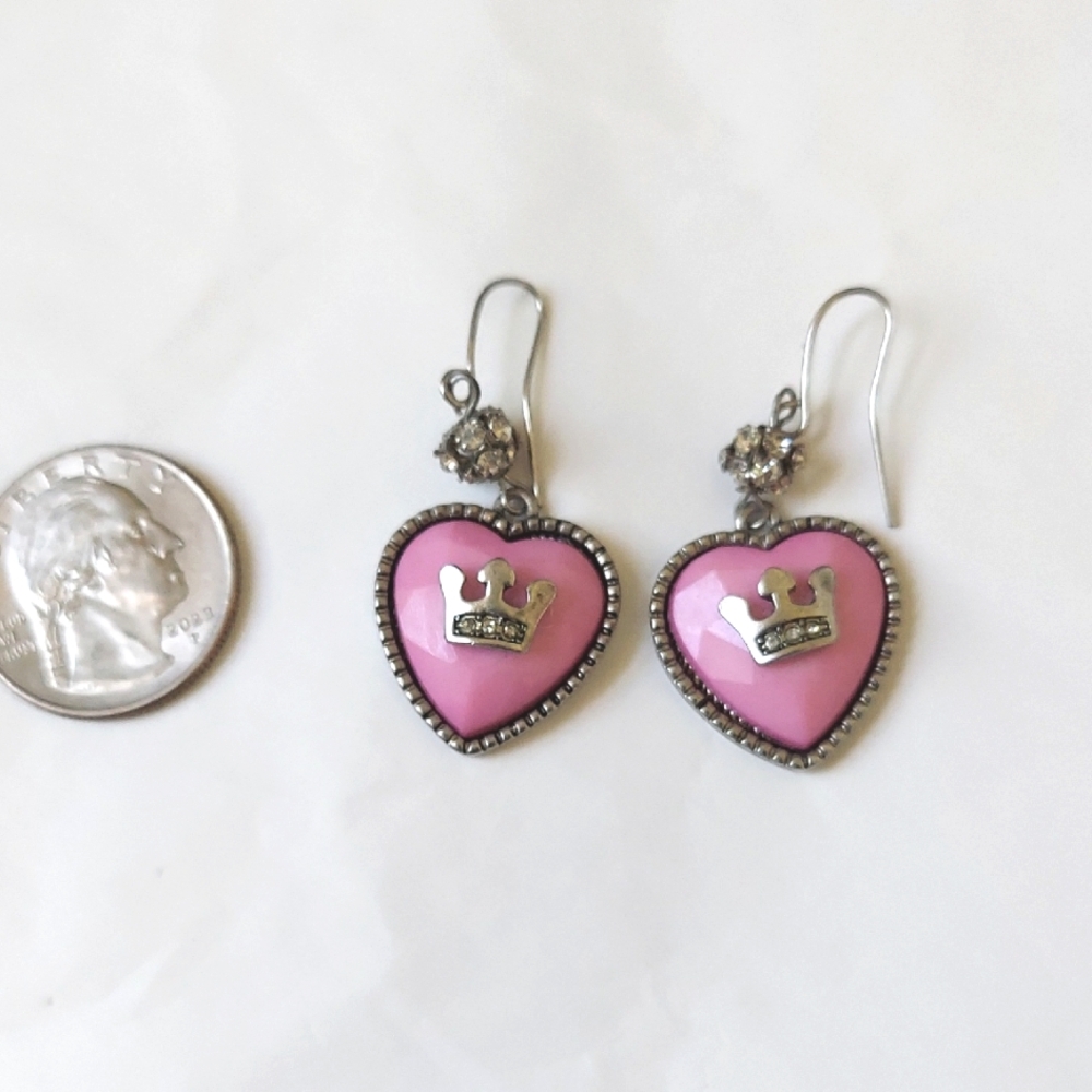 Juicy‎ Couture Earrings, Pink Hearts with Crown Detail and Rhinestones